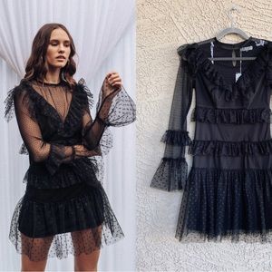 Bellevue NWT Layered Tulle Swiss Dot Mesh High Neck Flounce Sleeve Ruffle Dress